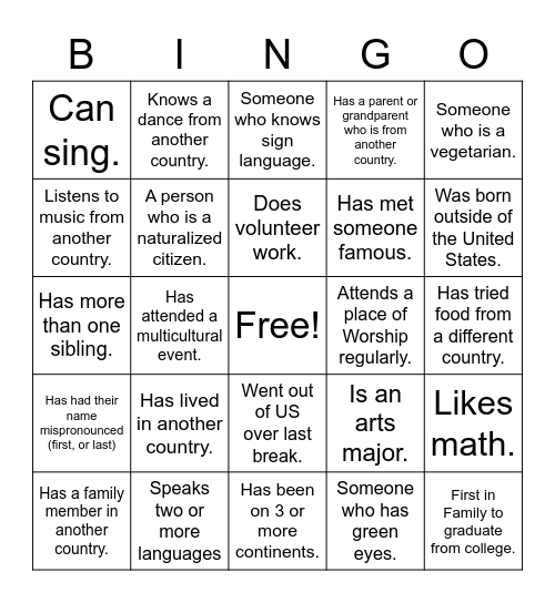 Multicultural Bingo Card