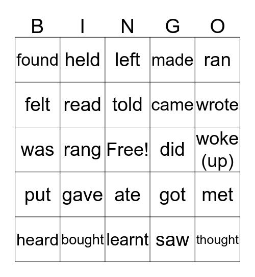 Irregular Verbs Bingo Card