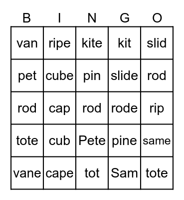 SHORT and LONG VOWEL SOUND Bingo Card