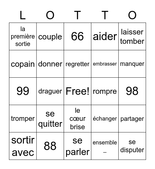 Amour et amitie Bingo Card