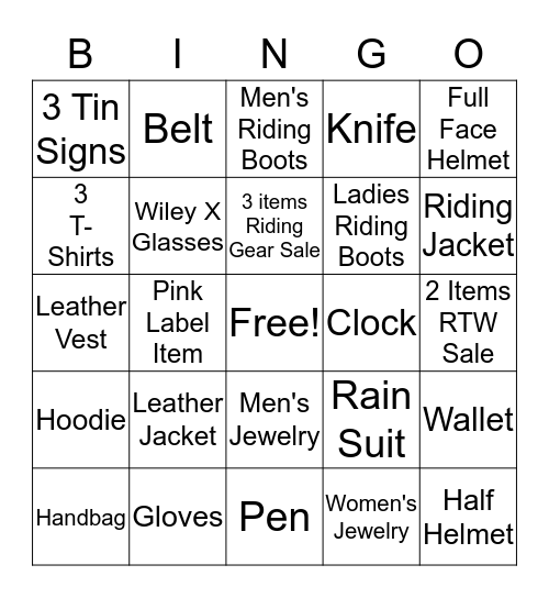 Motor Clothes Bingo Card