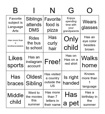 Classmate Bingo Card