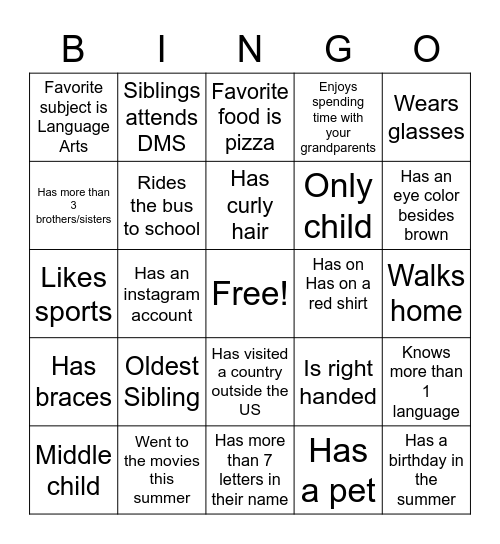 Classmate Bingo Card