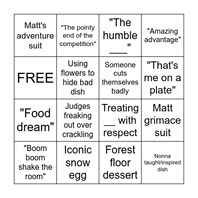 Masterchef Bingo Card