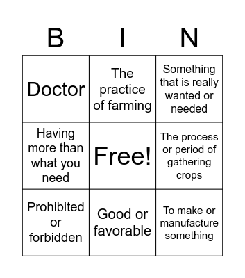 Vocabulary Bingo Sept 15 Bingo Card