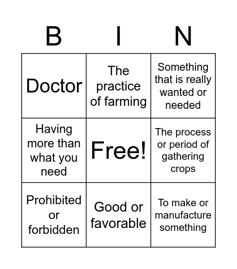 Vocabulary Bingo Sept 15 Bingo Card
