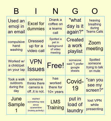 Remote Work Bingo Card