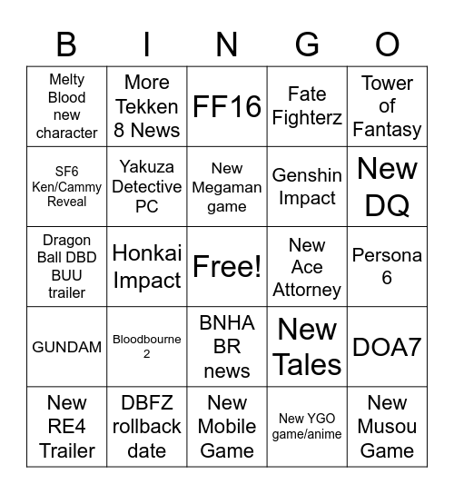 TGS 2022 Bingo Card