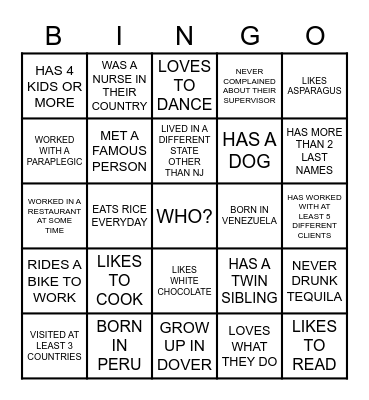 Getting to know you Bingo Card