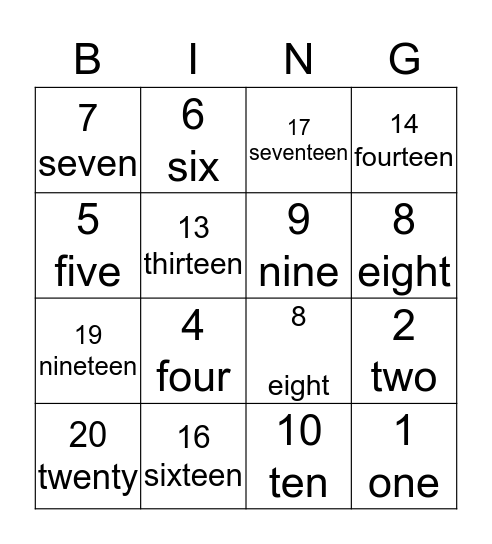 Numbers Bingo Card