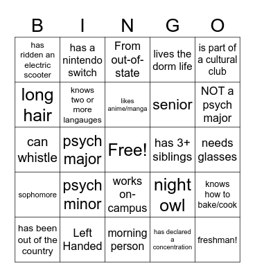 Psych Club Bingo Card