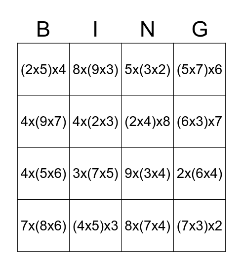 COMMUTATIVE PROPERTY BINGO! Bingo Card