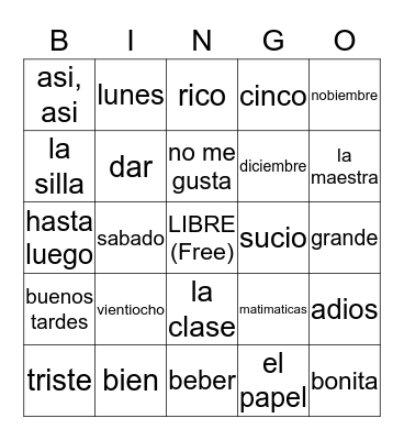 Spanish Bingo Card