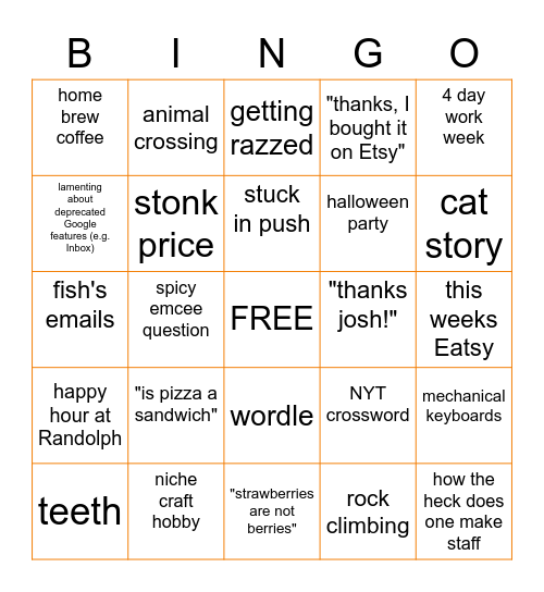 E Engineers Lunch Conversation Topics Bingo Card