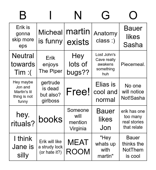 Season 1 TMA Predictions Bingo Card