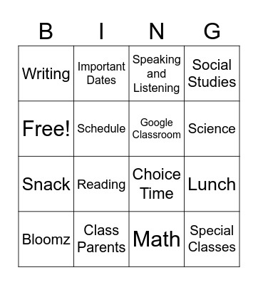 Kindergarten Curriculum Night Bingo Card