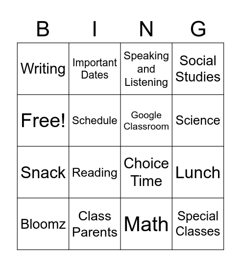 Kindergarten Curriculum Night Bingo Card