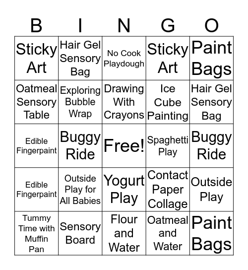 Infant Activities Bingo Card