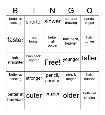 Comparisons Bingo Card