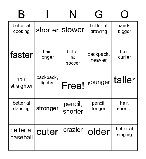 Comparisons Bingo Card