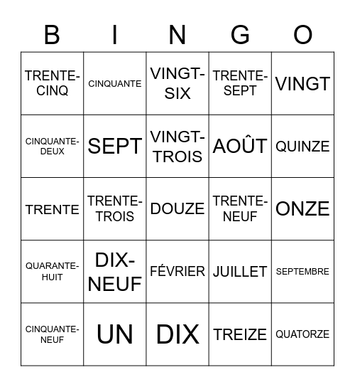 LES NOMBRES et LES MOIS 1 Bingo Card