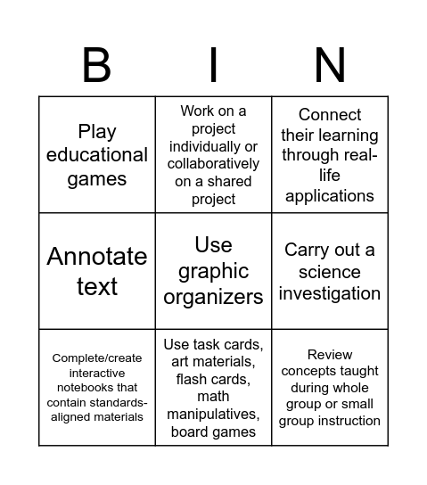 Suggestions for Stations Bingo Card