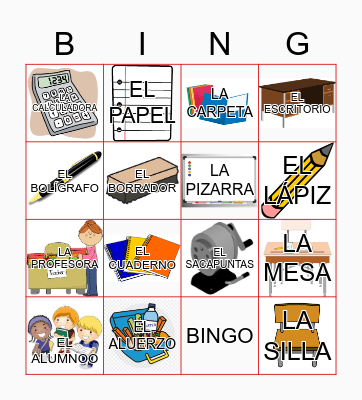 En la clase y la mochila Bingo Card