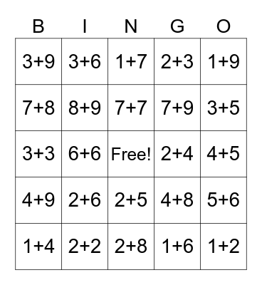 BINGO (Addition - 20) Bingo Card