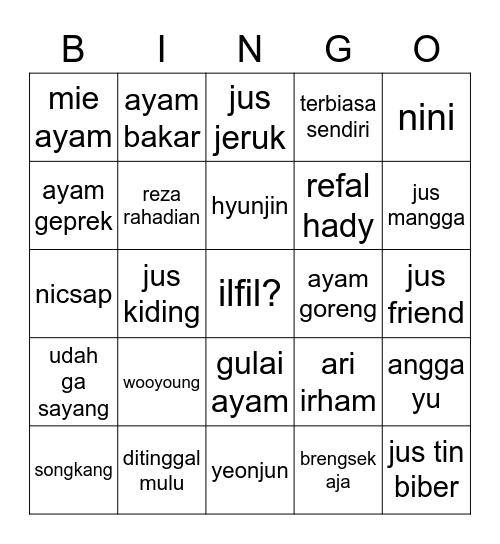 wooyoung Bingo Card