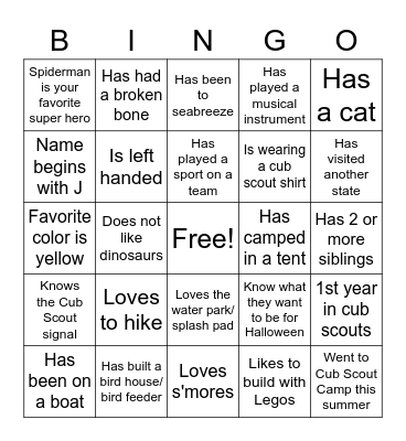 Cub Scouts Pack #20- Get to Know You BINGO Card