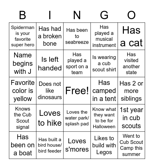 Cub Scouts Pack #20- Get to Know You BINGO Card