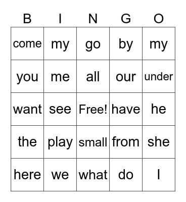 Sight Words Bingo Card