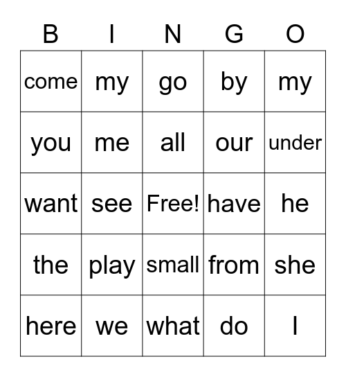Sight Words Bingo Card