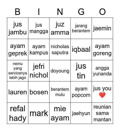 nyenyo Bingo Card