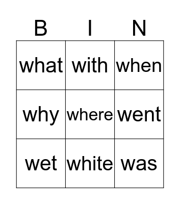 "W" Sight Words Bingo Card