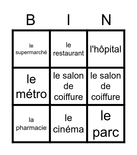 En ville Bingo Card