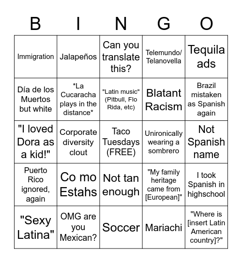 Hispanic Heritage Month Bingo Card