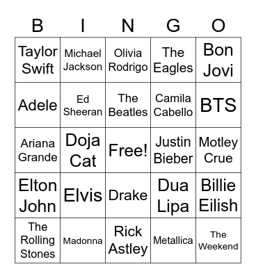 Music Trivia PLT Bingo Card