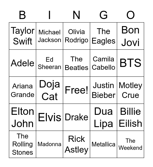 Music Trivia PLT Bingo Card