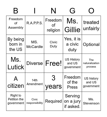 Citizenship Test Bingo Card