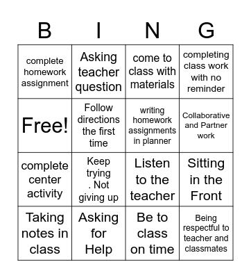 Study Skills BINGO Card