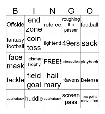 Super Bowl Bingo Card