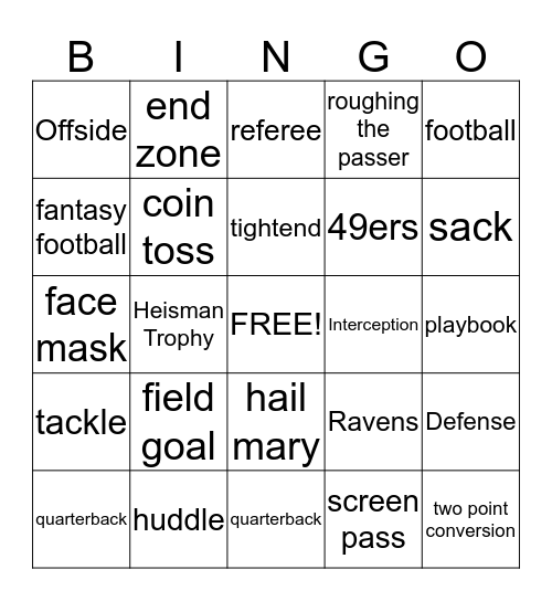 Super Bowl Bingo Card