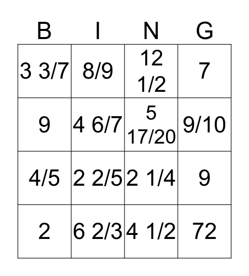 Dividing Fractions Bingo Card