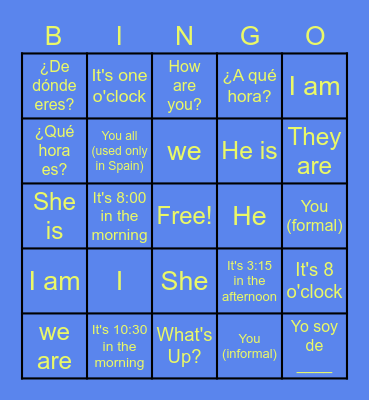 Spanish Review Bingo I Bingo Card