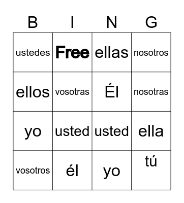 Spanish pronouns Bingo Card