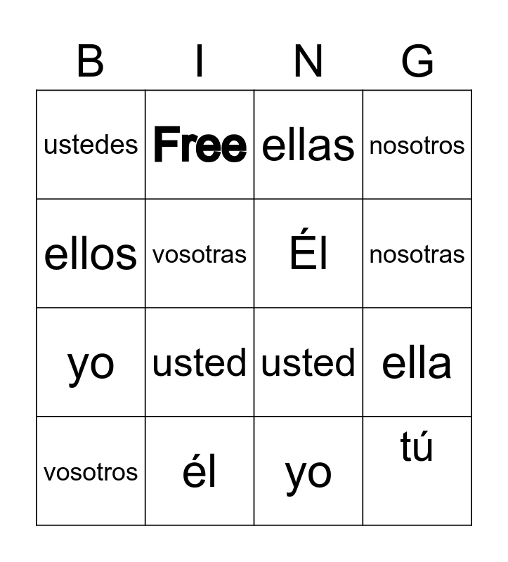 Spanish pronouns Bingo Card