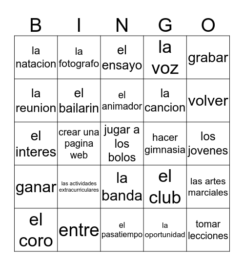 1B vocab Bingo Card