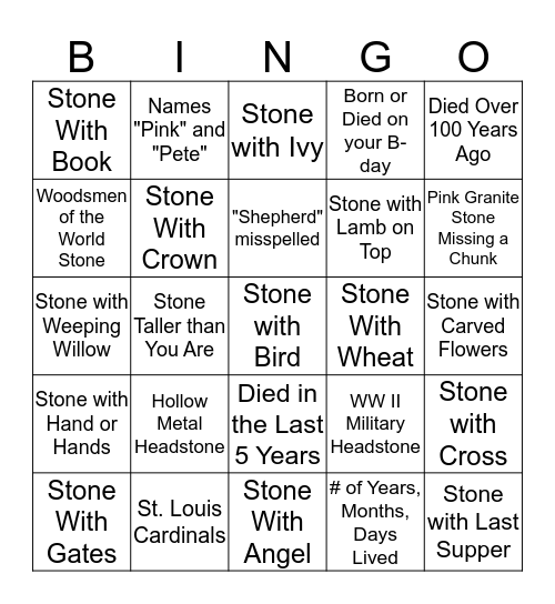 Cemetery Bingo Card