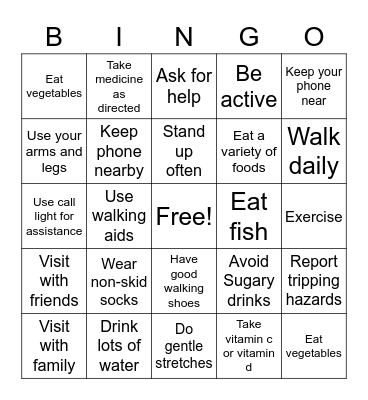 Fall Prevention Bingo Card